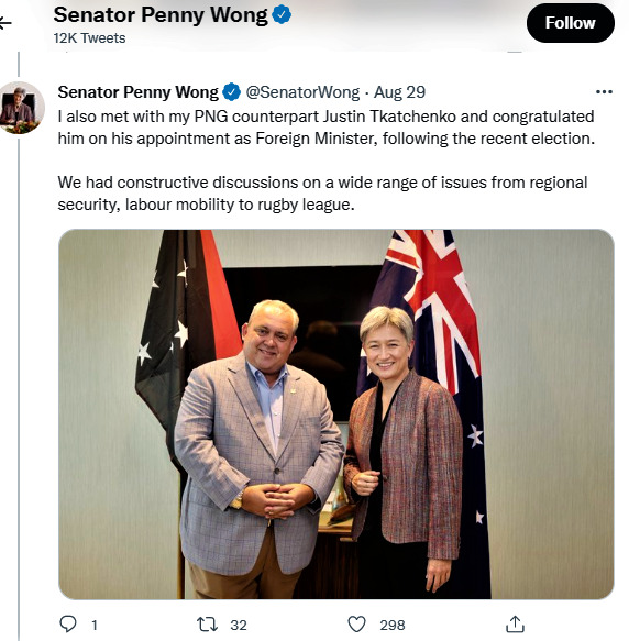 Australia Senator Wong on her recent official visit to Papua New Guinea also met with her PNG counterpart Justin Tkatchenko and congratulated him on his appointment as Foreign Minister, following the recent election. We had constructive discussions on a wide range of issues from regional security, labour mobility to rugby league.