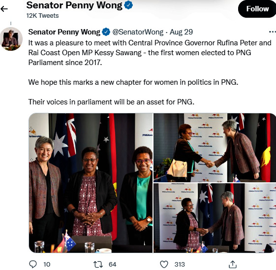 Australia Senator Wong on her recent official visit to Papua New Guinea also met with Central Province Governor Rufina Peter and Rai Coast Open MP Kessy Sawang - the first women elected to PNG Parliament since 2017. Senator Wong posted on her twitter that voices Peter and Sawang in parliament will be an asset for Papua New Guinea.