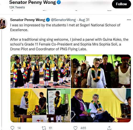 Australia Senator Wong on her recent official visit to Papua New Guinea also met with the staff and students of one of the pioneer National Highschool of the country, Sogeri National Highschool. This is what Senetor Penny Wong twitted after her visit; "I was so impressed by the students I met at Sogeri National School of Excellence. After a traditional sing sing welcome, I joined a panel with Guina Koko, the school’s Grade 11 Female Co-President and Sophia Mrs Sophia Soli, a Drone Pilot and Coordinator of PNG Flying Labs."