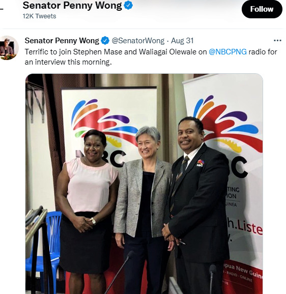 Australia Senator Wong on her recent visit to Papua new Guinea met Stephen Mase and Waliagai Olewale on NBC PNG radio for an interview.