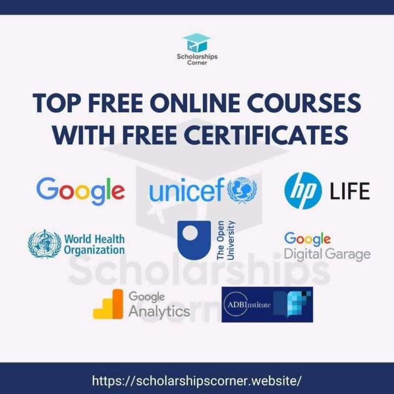Top Free Online Courses with Free Certificates 1) UK Open University Free Online Courses with Free Certificates Link: https://lnkd.in/gSdUbYeb 2) Asian Development Bank Institute Courses with Free Certificates Link: https://lnkd.in/g4Pbfrvu 3) UNICEF Free Online Courses with Free Certificates Link: https://lnkd.in/gJ8_9cvu 4) Google Digital Marketing Course with Free Certificate Link: https://lnkd.in/gcYWNNUD 5) HP Free Online Courses with Free Certificates Link: https://lnkd.in/gnbWpHpF 6) Google Analytics Academy Free Courses with Free Certificates Link: https://lnkd.in/g-saW2kw 7) World Health Organization Free Online Courses with Free Certificates Link: https://lnkd.in/gZ4_CjHN