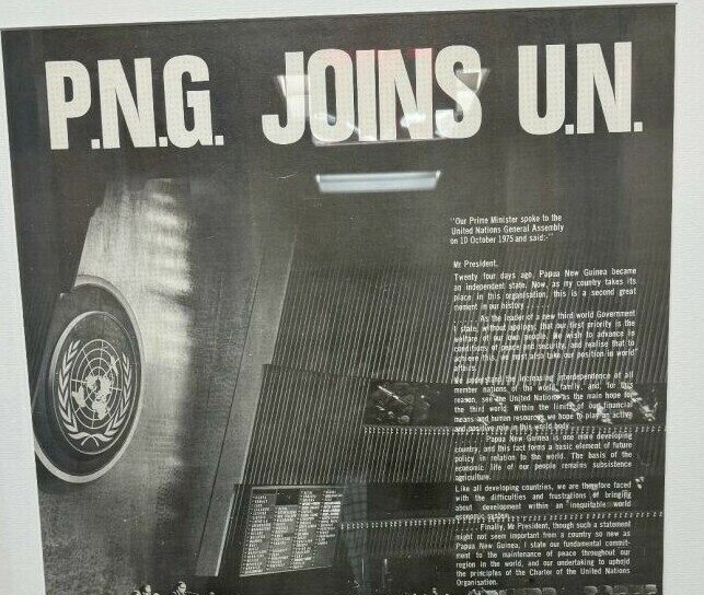 The historical image of the first speech of the first Prime Minister of the Independent State of Papua New Guinea in 1975 at the UN General Assembly, just after 24 days of PNG becoming independent from the rule and administration of Australia.