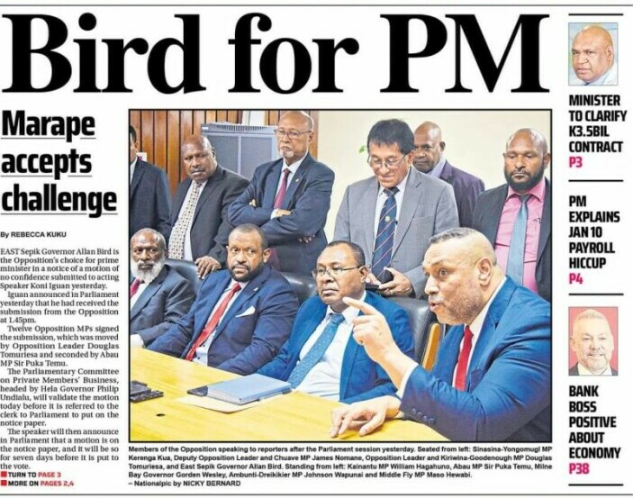 Image showing the team opposition nominating Allen Bird as the alternative Prime Minister for the word of no confidence. The caption of the image stated that the Prime Minister of Papua New Guinea, Honorable James Marape Accepts The Challenge for Bird as Alternative Prime Minister in the Vote of No Confidence