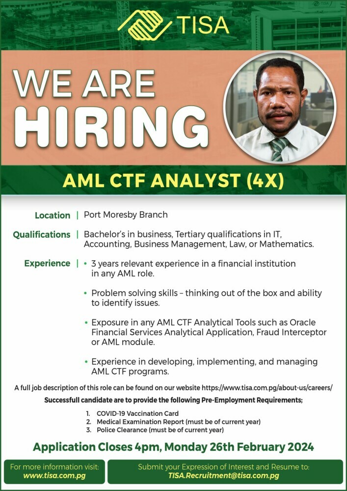 Exciting Job Opportunities in Papua New Guinea! Join Teachers Savings and Loan Society Limited for a rewarding career journey. Positions available in Wabag and Port Moresby - Member Service Consultant and AML CTF Analyst roles. Submit your application by the specified dates and be part of a dynamic team serving over 56,000 members. Don't miss this chance to make a difference and grow professionally!
🌟📚🏦 Apply now: https://lnkd.in/gJCj48Ae
#JobOpportunities #PNGCareers #pngnews #png #pnguinea #papua #papuanewguinea #portmoresby