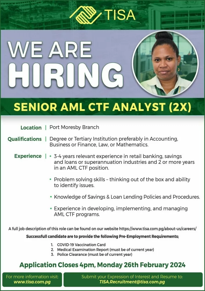 Exciting Job Opportunities in Papua New Guinea! Join Teachers Savings and Loan Society Limited for a rewarding career journey. Positions available in Wabag and Port Moresby - Member Service Consultant and AML CTF Analyst roles. Submit your application by the specified dates and be part of a dynamic team serving over 56,000 members. Don't miss this chance to make a difference and grow professionally! 🌟📚🏦 Apply now: https://lnkd.in/gJCj48Ae #JobOpportunities #PNGCareers #pngnews #png #pnguinea #papua #papuanewguinea #portmoresby