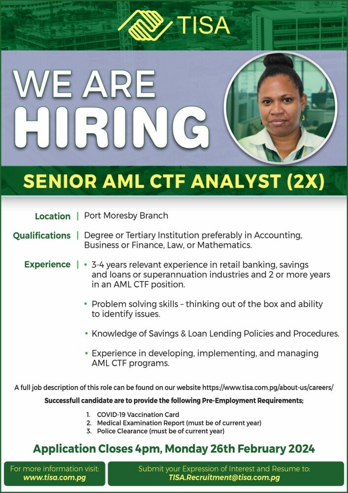 Exciting Job Opportunities in Papua New Guinea! Join Teachers Savings and Loan Society Limited for a rewarding career journey. Positions available in Wabag and Port Moresby - Member Service Consultant and AML CTF Analyst roles. Submit your application by the specified dates and be part of a dynamic team serving over 56,000 members. Don't miss this chance to make a difference and grow professionally!
🌟📚🏦 Apply now: https://lnkd.in/gJCj48Ae
#JobOpportunities #PNGCareers #pngnews #png #pnguinea #papua #papuanewguinea #portmoresby