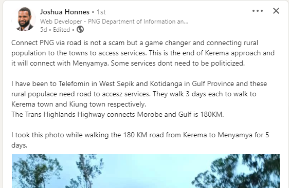 Image of Joshua Honnes undertook the arduous trek from Kerema to Menyamya, traversing 180 kilometers over five days, following through the new roads construction under connect png program.