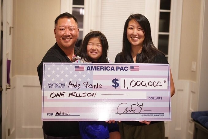 image of the winner of Elon Musk's PAC "America" promotes secure borders and free speech, rewarding petition signers with a chance to win $1 million daily until Election Day.