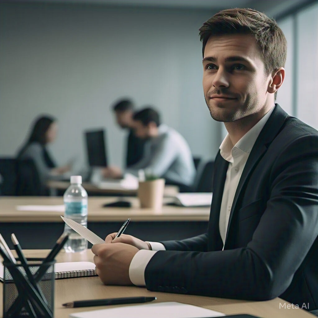 A person thoughtfully prepares a list of questions to ask the interviewer during a job interview session.