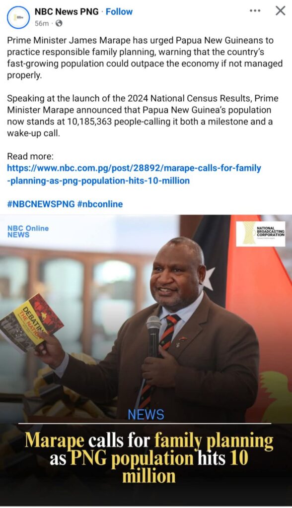 The NBC news screenshot of the image of the Prime Minister of Papua New Guinea advocating for national family planning as the population hikes to 10 million.