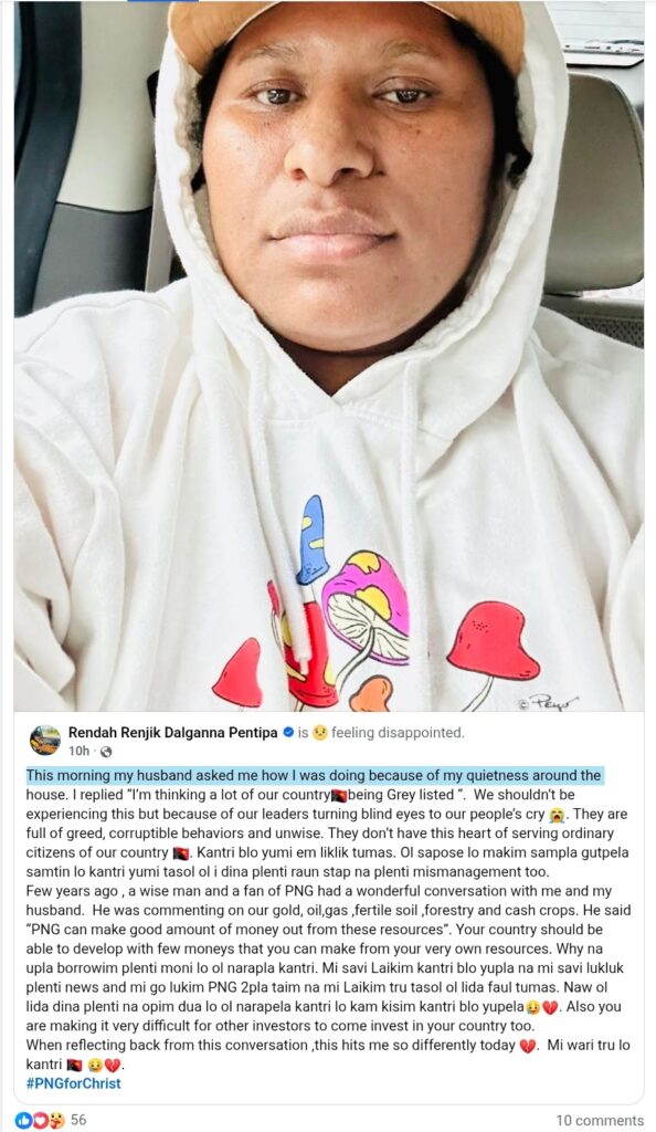 News headline graphic showing PNG grey listing crisis with kina currency, parliament building, and national debt figures highlighted