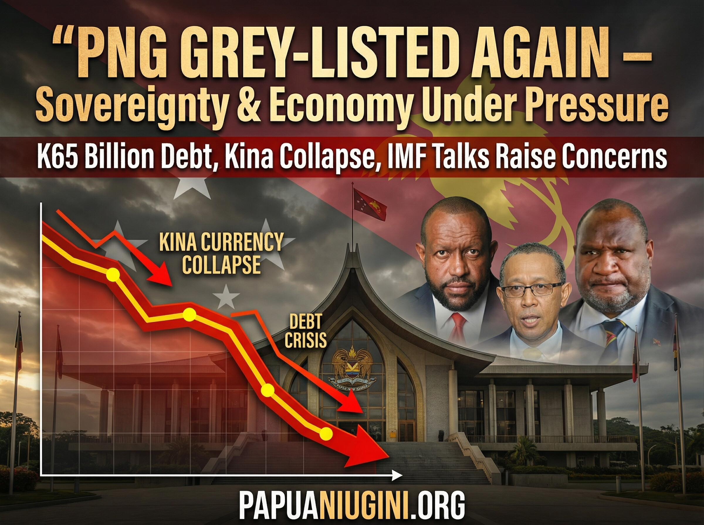 News headline graphic showing PNG grey listing crisis with kina currency, parliament building, and national debt figures highlighted.