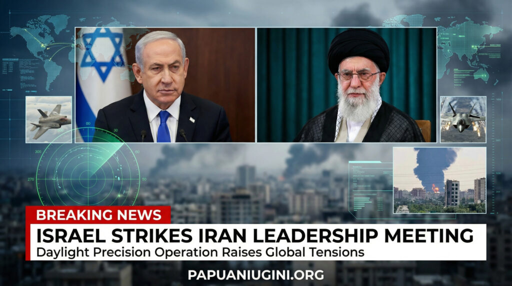 Breaking news headline about Israel’s daylight precision strike targeting Iran’s top leadership meeting.