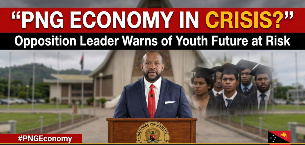 a professional news-style image showing a serious political scene in Papua New Guinea. Include a confident male political figure speaking at a podium, with a blurred background of parliament or government buildings. Add visual elements like worried young graduates in the background (subtle overlay). Use bold headline text: “PNG ECONOMY IN CRISIS?” Subheadline: “Opposition Leader Warns of Youth Future at Risk”